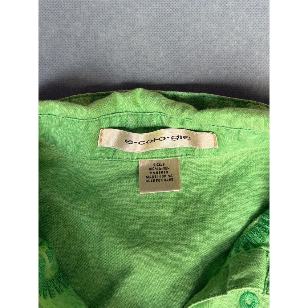 Ecologie Womens Small Lime Green 100% Linen Embroidered Short Sleeve Button Up - Picture 2 of 7